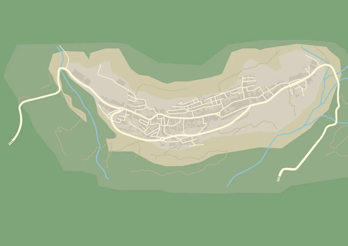 Mapa de Lanjarón con el trazado de calles, casas y caminos