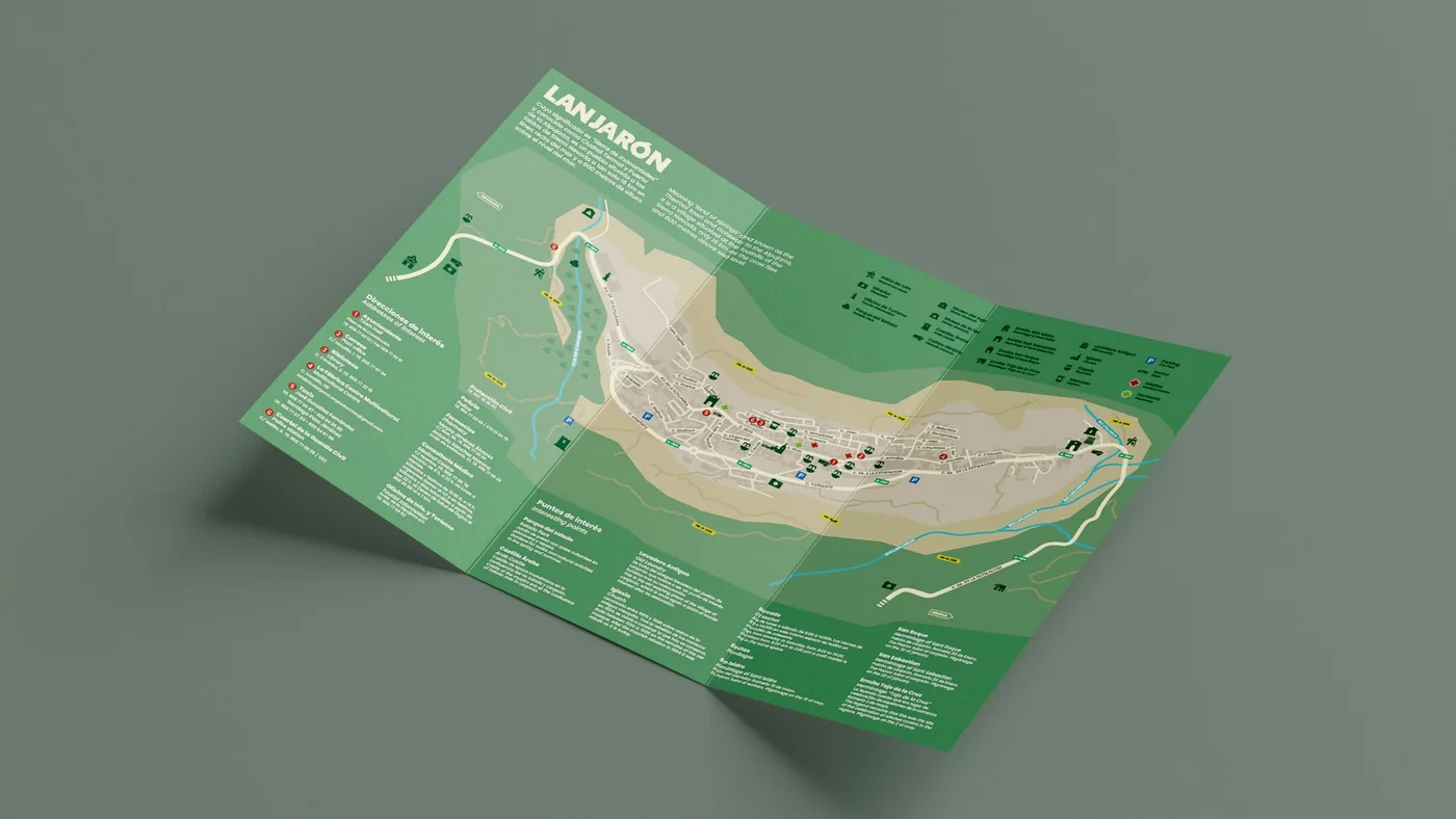 Mapa turístico de Lanjarón desplegado sobre un fondo verde