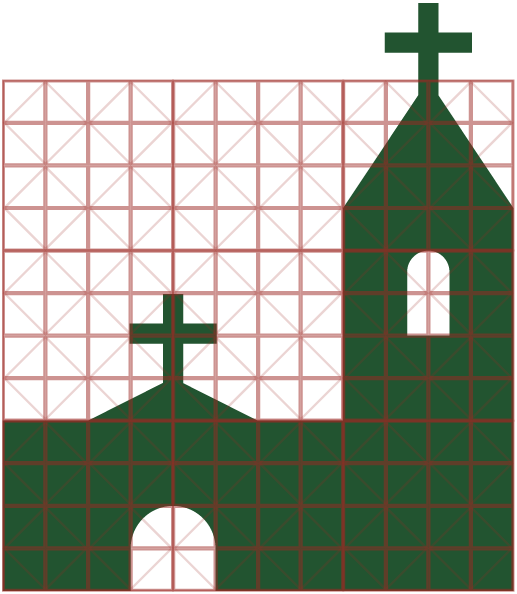 Construcción en retícula del pictograma de una ermita con campanario