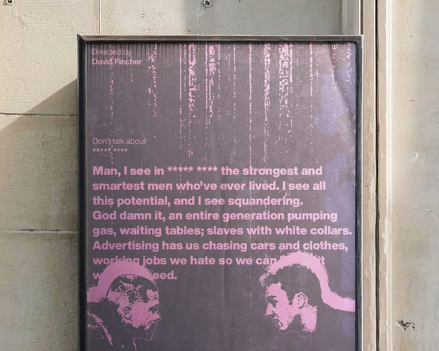 Cartel de El club de la lucha para Life Interchanging Films, colgado en una pared de hormigón