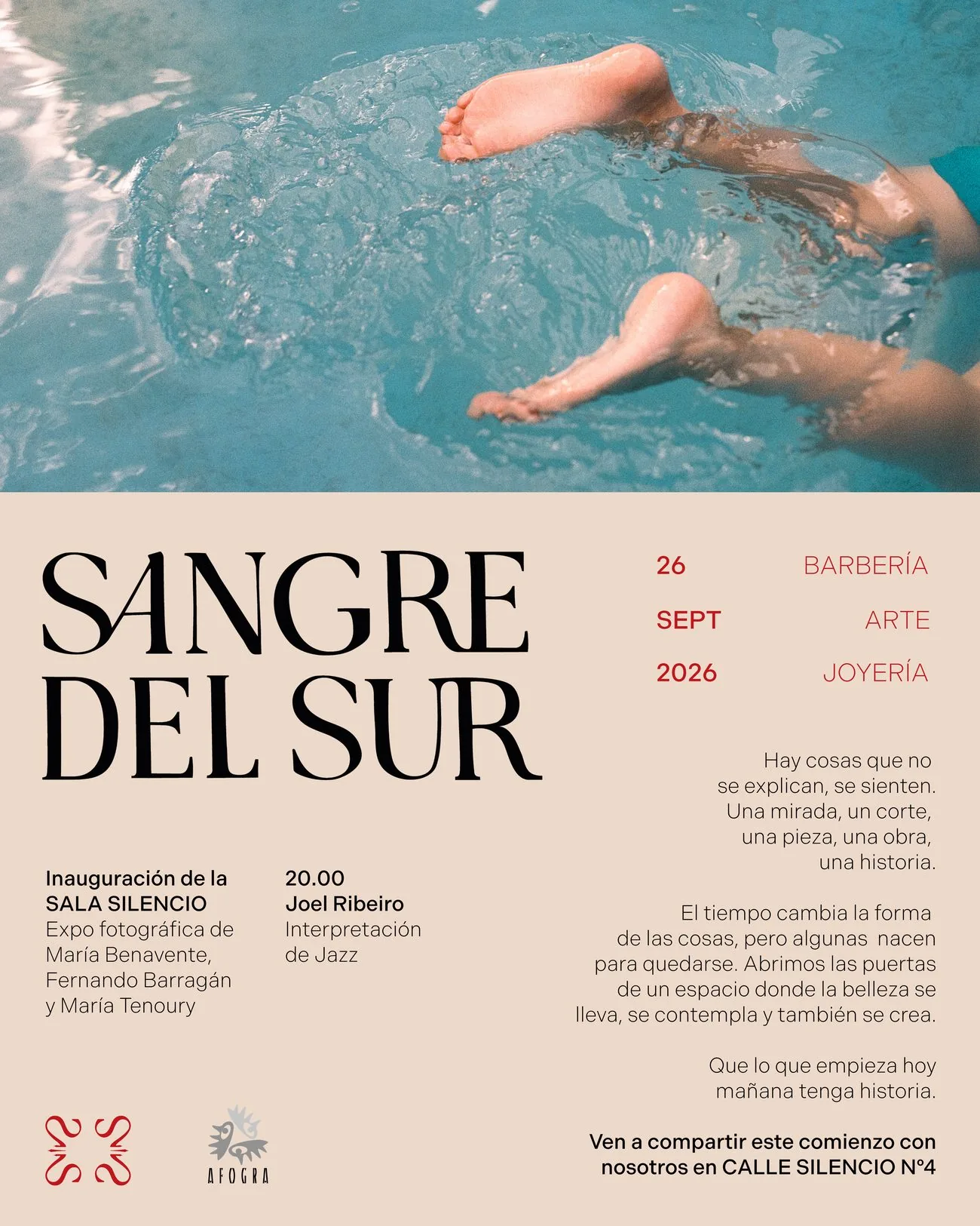 Publicación de la inauguración de la Sala Silencio, el 26 de septiembre de 2026, con una fotografía de unas piernas en una piscina