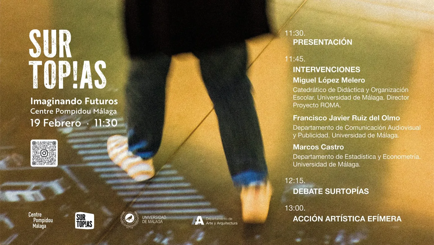 Invitación horizontal de Surtopías «Imaginando futuros» en el Centre Pompidou Málaga, con el programa de la jornada
